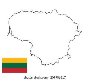 Lithuania vector map contour and vector flag, high detailed Lithuania silhouette illustration isolated on white background. 
