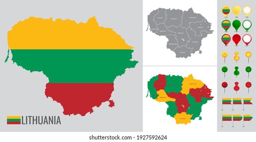 Lithuania vector map with flag, globe and icons on white background