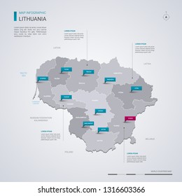 Lithuania vector map with infographic elements, pointer marks. Editable template with regions, cities and capital Vilnius. 