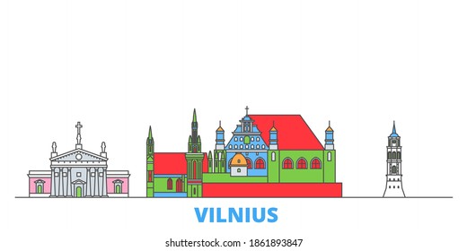 Lituania, el paisaje urbano de línea Vilnius, vector plano. Punto de referencia de la ciudad de viajes, ilustración de oultine, íconos del mundo de la línea