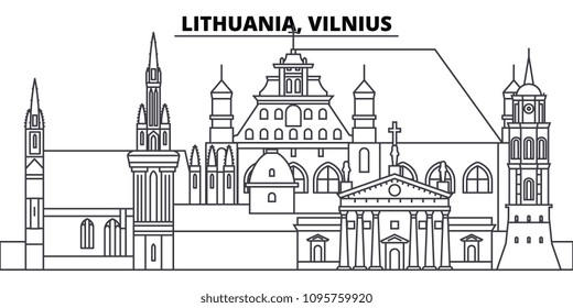 Lithuania, Vilnius line skyline vector illustration. Lithuania, Vilnius linear cityscape with famous landmarks, city sights, vector landscape. 