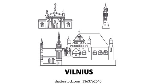Lithuania, Vilnius line travel skyline set. Lithuania, Vilnius outline city vector illustration, symbol, travel sights, landmarks.