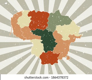 Lithuania vintage map. Grunge poster with map of the country in retro color palette. Shape of Lithuania with sunburst rays background. Vector illustration.