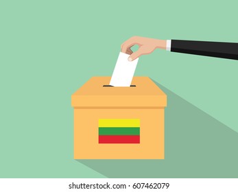 lithuania vote election concept illustration with people voter hand gives votes insert to boxes election with long shadow flat style