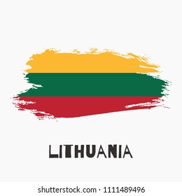 Lithuania watercolor vector national country flag icon. Hand drawn illustration, dry brush stains, strokes, spots isolated on gray background. Painted grunge style texture for posters, banner design.