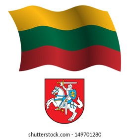 lithuania wavy flag and coat of arm against white background, vector art illustration, image contains transparency