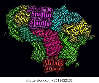 Lithuania Word Cloud. Region names of the country in the Lithuanian language. Bright neon style design on a dark background. Lithuania shape with administrative division. Stylish vector illustration.