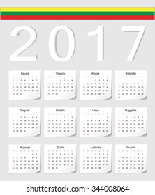 Lithuanian 2017 vector calendar with shadow angles. Week starts from Sunday.