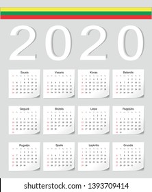 Lithuanian 2020 vector calendar with shadow angles. Week starts from Sunday.
