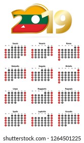 Lithuanian calendar 2019 with numbers in circles, week starts on Sunday. 2019 with flag of Lithuania.