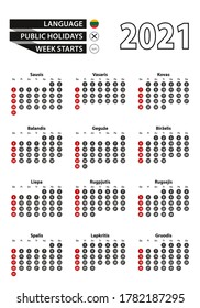 Lithuanian calendar 2021 with numbers in circles, week starts on Sunday. 2021 with flag of Lithuania. Vector calendar 2021.