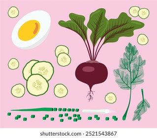 Lithuanian cold beet soup. Pink soup ingredients. Egg, beetroot, cucumber, onion and dill. Isolated on light pink background.