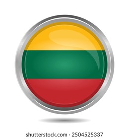 Lithuanian flag button isolated on white, 3D circular icon with highlight overlay. Editable and scalable vector EPS illustration.