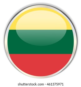 Lithuanian Flag. Glossy button with glare in bright round frame.