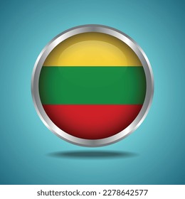 The Lithuanian flag. Round glossy. Silver frame. Isolated on color gradient background