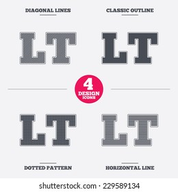 Lithuanian language sign icon. LT translation symbol. Diagonal and horizontal lines, classic outline, dotted texture. Pattern design icons.  Vector