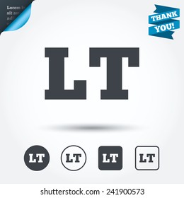 Lithuanian language sign icon. LT translation symbol. Circle and square buttons. Flat design set. Thank you ribbon. Vector