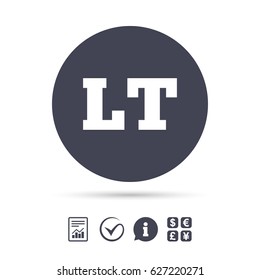 Lithuanian language sign icon. LT translation symbol. Report document, information and check tick icons. Currency exchange. Vector