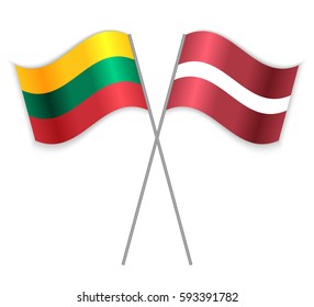 Lithuanian and Latvian crossed flags. Lithuania combined with Latvia isolated on white. Language learning, international business or travel concept.