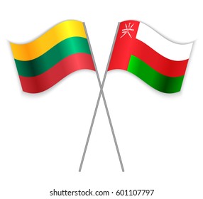 Lithuanian and Omani crossed flags. Lithuania combined with Oman isolated on white. Language learning, international business or travel concept.
