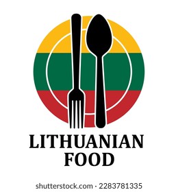 Lithuanian Restaurant food logo. Flag symbol with plate spoon and fork Icon Template Illustration Design