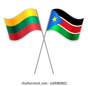 Lithuanian and South Sudanese crossed flags. Lithuania combined with South Sudan isolated on white. Language learning, international business or travel concept.