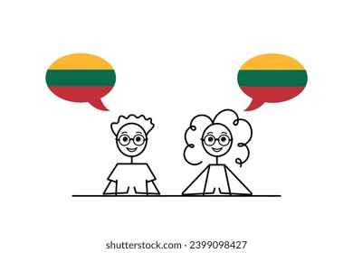 lithuanian speakers, cartoon boy and girl with speech bubbles in Lithuania flag colors, learning lithuanian language vector illustration