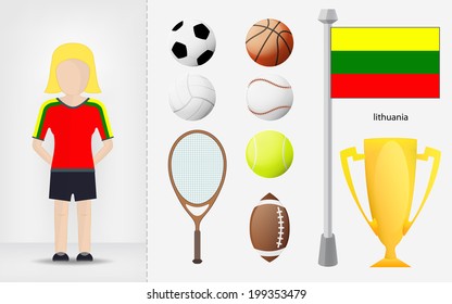 Lithuanian sportswoman with sport equipment collection vector illustrations