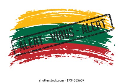 Bandera lituana rota con un sello con las palabras virus de alerta, imagen vectorial
