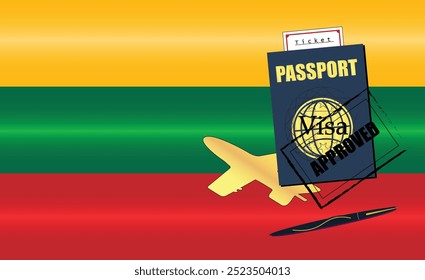 Lithuanian Travel Documentation Concept with blue Passport and Lithuania Flag. Approved Stamp. Airplane and Travel Tickets. Ideal for Immigration Tourism and Traveling Themes. Vector EPS available