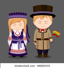 Lithuanians in national dress with a flag. A man and a woman in traditional costume. Travel to Lithuania. People. Vector flat illustration.