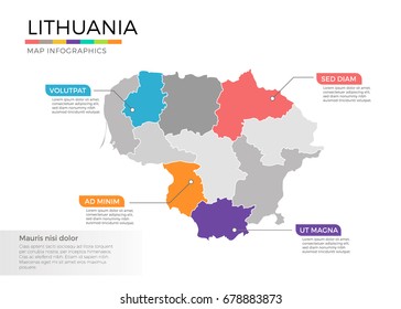 Lithuiania map infographics vector template with regions and pointer marks