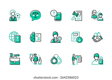 Litigio y justicia - conjunto de iconos de estilo de diseño de línea