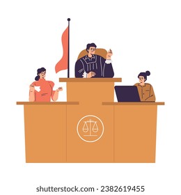 Litigation with Man Judge Character at Desk in Courtroom Engaged in Settlement Vector Illustration