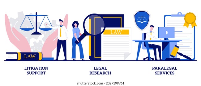 Litigation Support, Legal Research, Paralegal Services Concept With Tiny People. Law Firm Vector Illustration Set. Forensic Accounting, Consulting, Data Collection, Attorney Legal Work Metaphor.