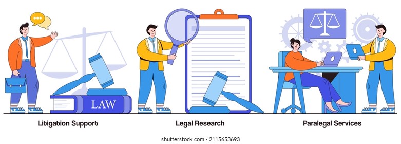 Litigation Support, Legal Research, Paralegal Services Concept With Tiny People. Law Firm Vector Illustration Set. Forensic Accounting, Consulting, Data Collection, Attorney Legal Work Metaphor.