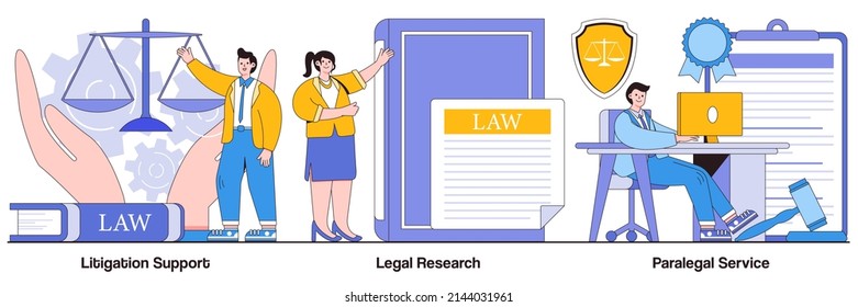 Litigation Support, Legal Research, Paralegal Services Concepts With People Characters. Law Firm Illustration Pack. Forensic Accounting, Consulting, Data Collection, Attorney Legal Work Metaphor.