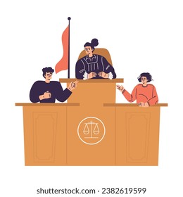 Litigation with Woman Judge Character at Desk in Courtroom Engaged in Settlement Vector Illustration