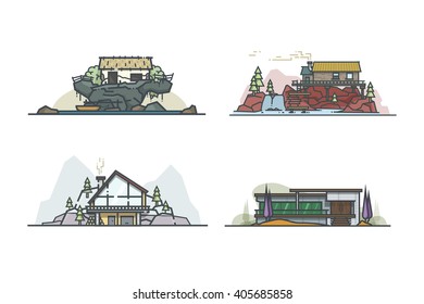 Litle Architecture. Set of outline vector illustrations.