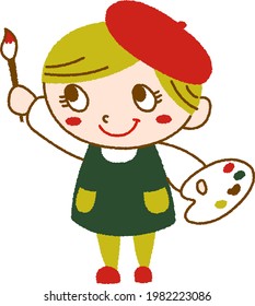 A litle painter wearing a red beret