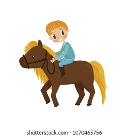 Litlle boy riding a brown horse, equestrian sport concept cartoon vector Illustration on a white background