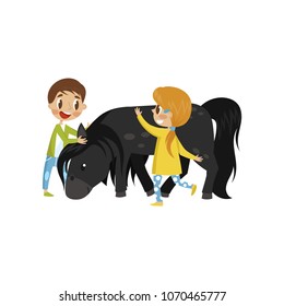 Litlle kids taking care of they horse, equestrian sport concept cartoon vector Illustration on a white background