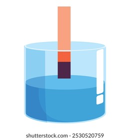 El papel Litmus cambia de color mientras mide el pH del líquido azul en un vaso de precipitados