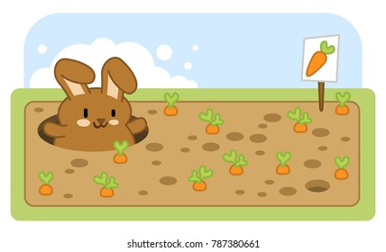 Litte brown bunny looking out ouf rabbit hole on a carrot field (kawaii illustration)