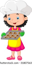 Litte girl holding baking tray with baking ready to eat