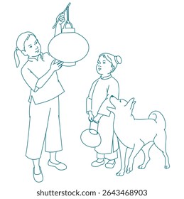 litte girls holding traditional paper lantern while celebrating Mid-Autumn Festival