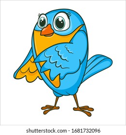 Littel Bird gesturing. Cute Young bird isolated on white background. Happy exotic bird cartoon character. Education card for kids learning animals. Logic Games for Kids. Vector in cartoon style.