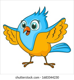 Littel Bird waving. Cute Young bird isolated on white background. Happy exotic bird cartoon character. Education card for kids learning animals. Logic Games for Kids. Vector in cartoon style.
