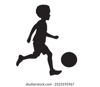 Littel boy running with ball. Silhouette. Isolated. Vector illustration.