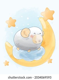 littel cute Lamb sleep cartoon watercolor animals illustration Isolated on white background, for cover book, print, baby shower, nursery decorations, birthday invitations, poster, greeting card, kids,